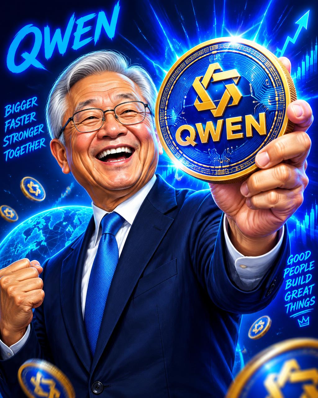Illustrated businessman character laughing while holding up a glowing QWEN coin