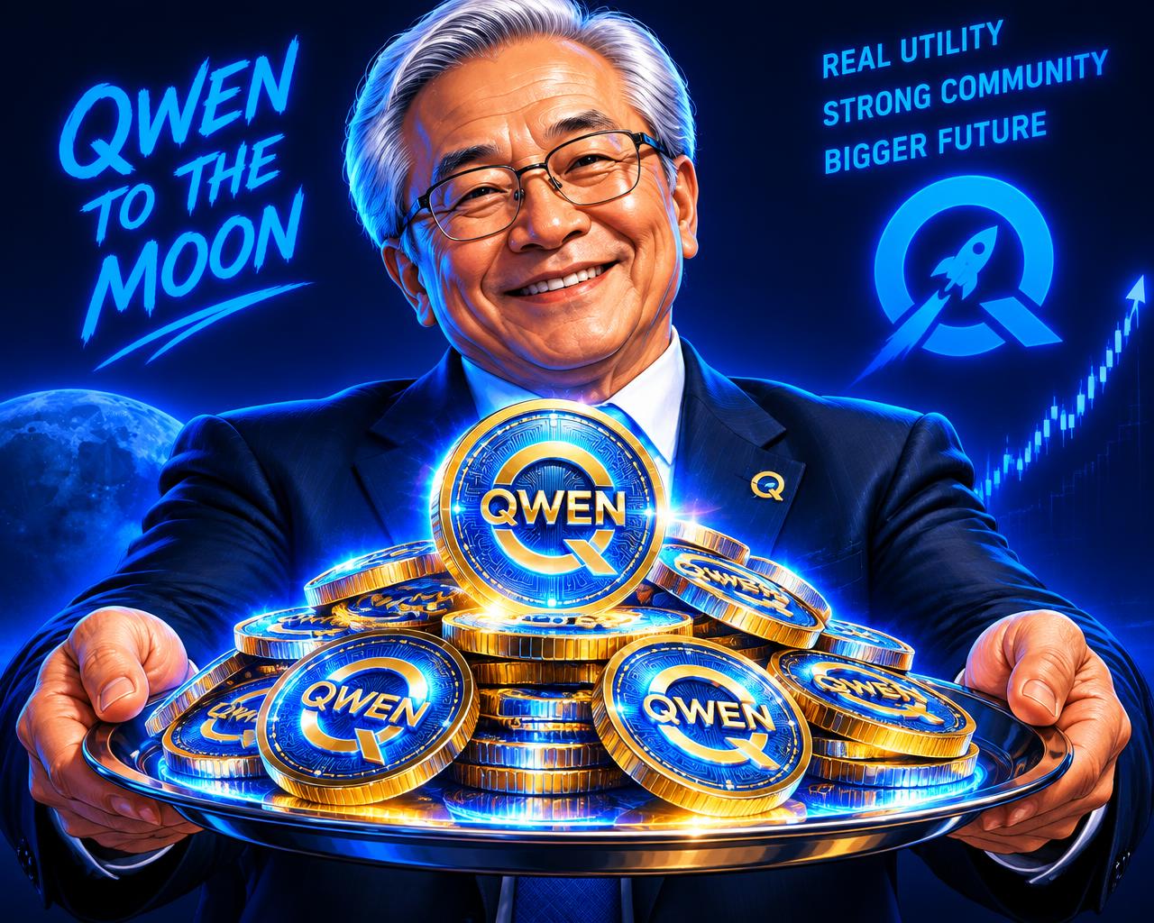 Illustrated businessman character presenting a tray full of QWEN coins
